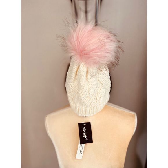 KYI KYI Accessories - KYI KYI Cable Knit Faux Fur Wool Pompom Beanie, Ivory/Pink, One Size, NWOT